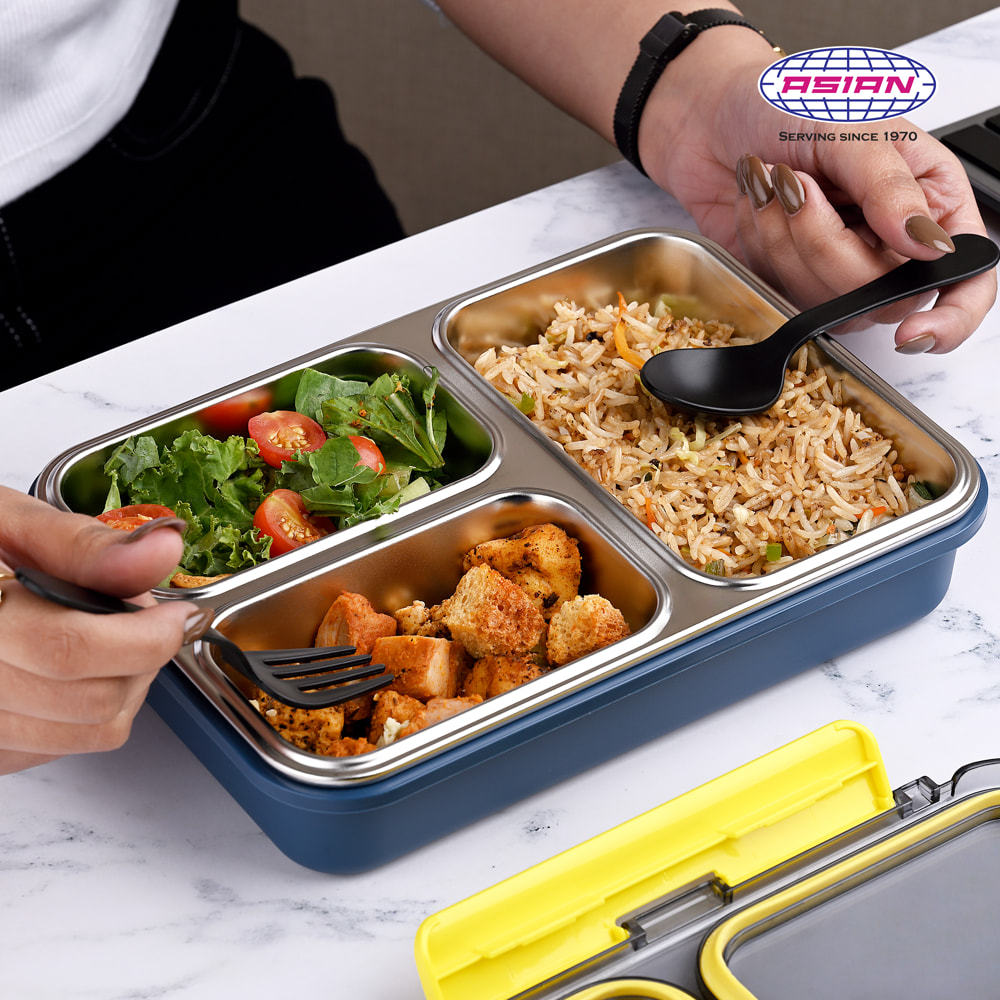 Buy Asian Fusion Bite 3 Compartment Insulated Lunch Box Navy Blue